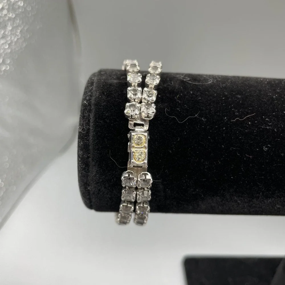 Vintage Double Strand Rhinestone Tennis Bracelet Marquise Center Silver Tone 7in